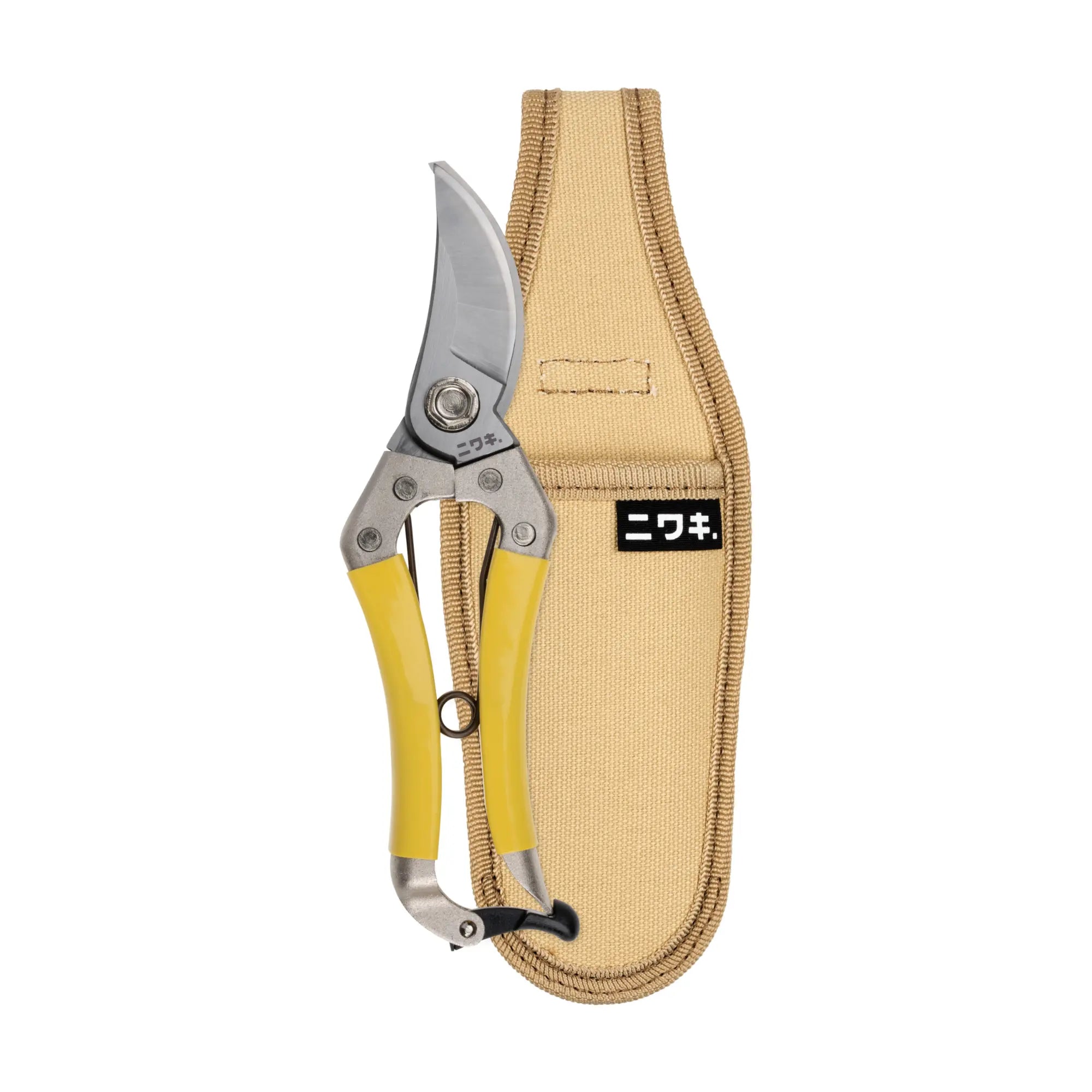 Secateurs with yellow handles and a canvas sheath on a white background