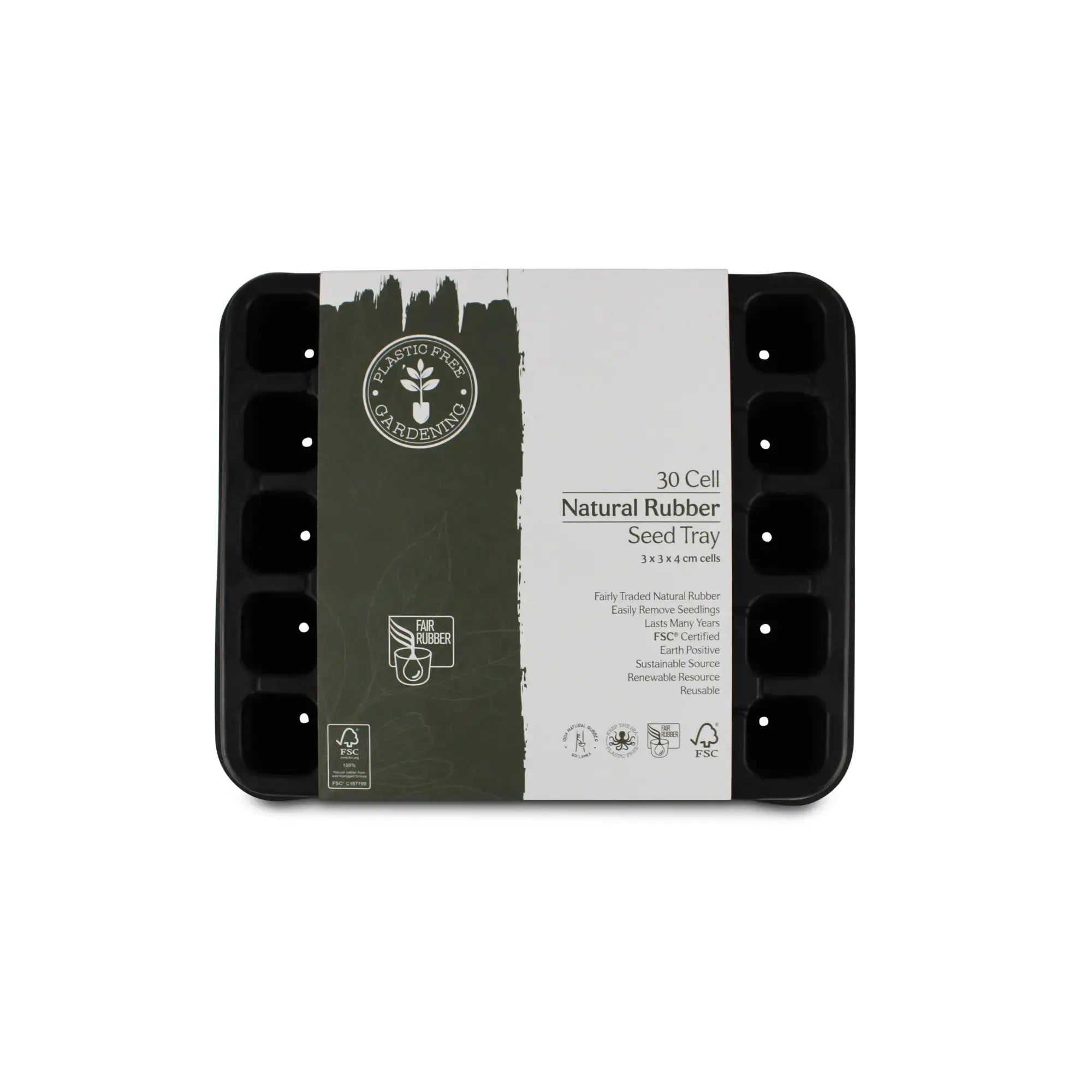 Packaged natural rubber seed tray with multiple individual cells visible, displayed against a white background