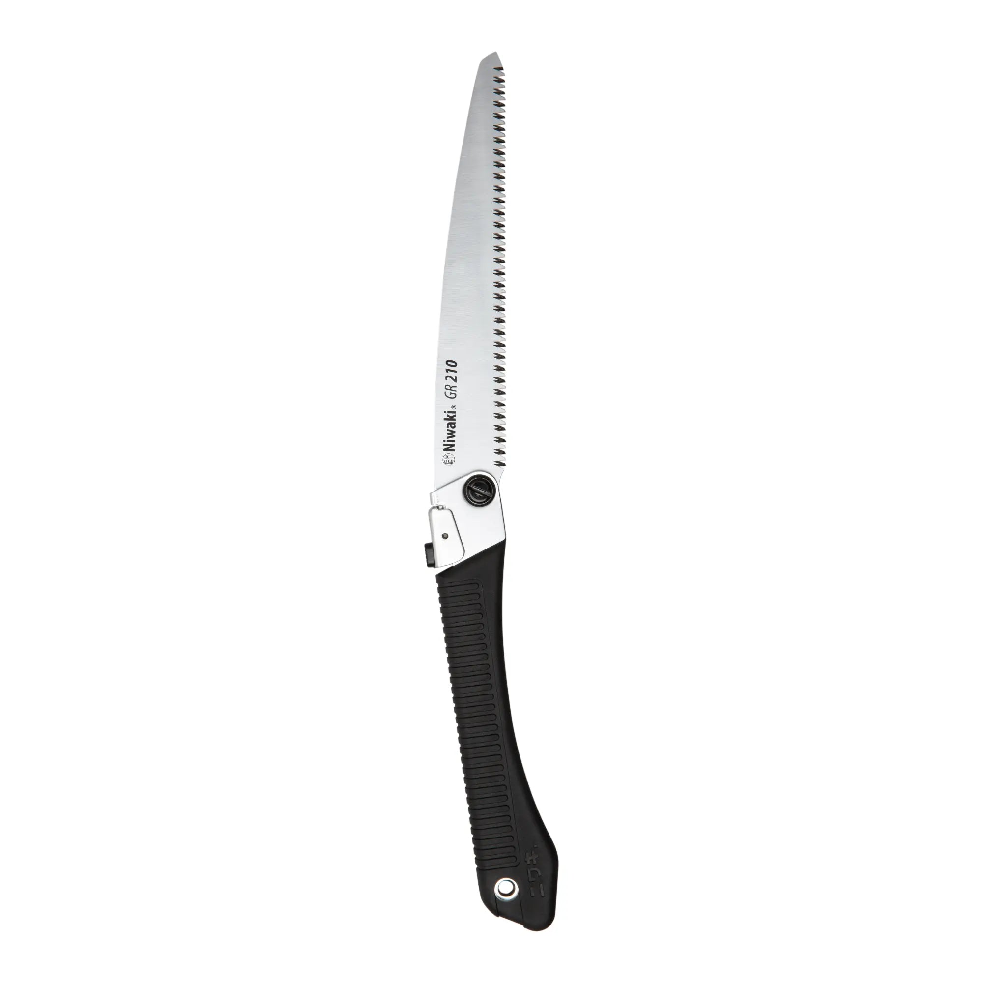 A silver folding pruning saw with a black rubber handle on a white background.