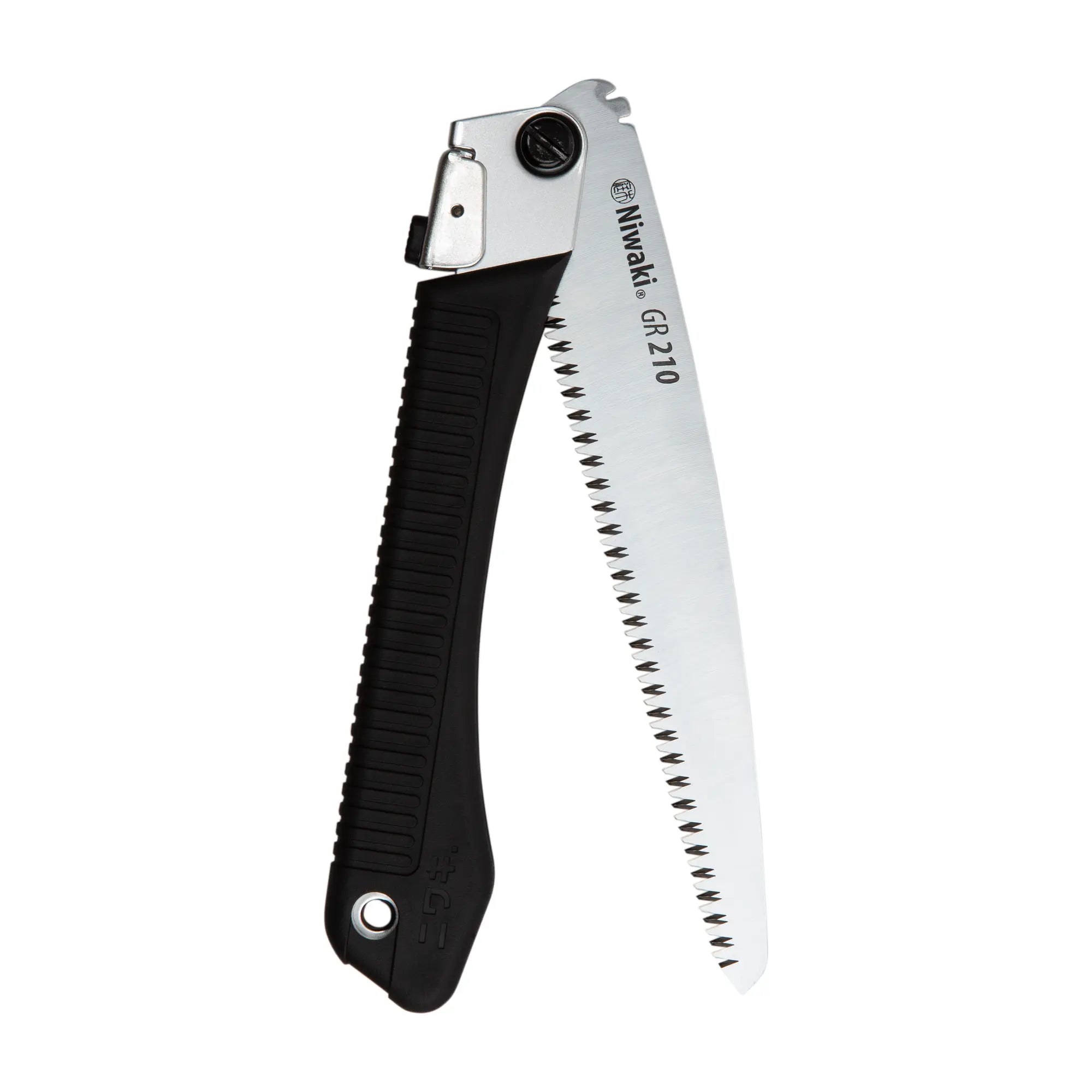 A folded silver pruning saw with a black rubber handle on a white background.