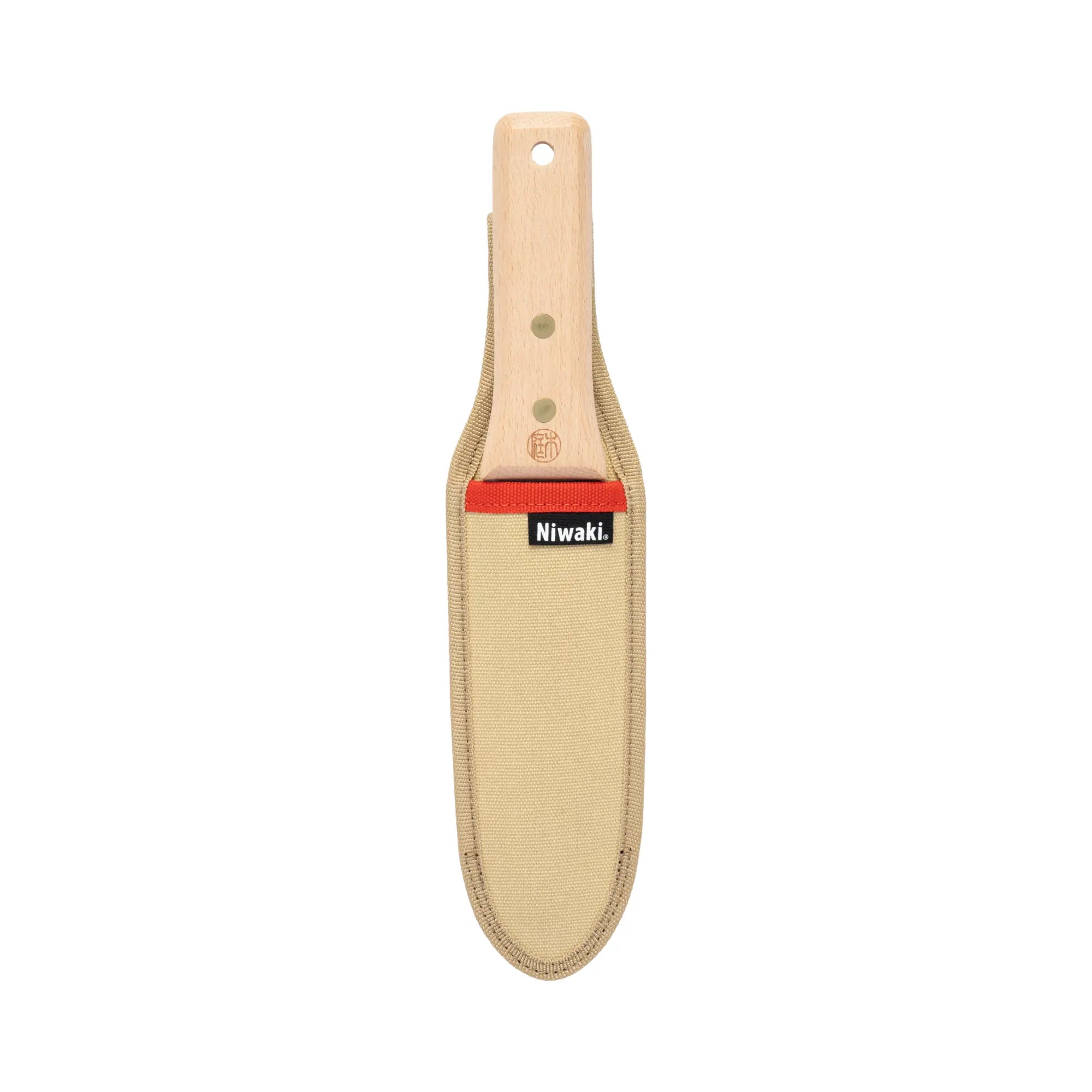 A wooden-handled Niwaki Hori Hori Pro in a beige canvas sheath with a red stripe and a black Niwaki brand label, shown against a plain white background.