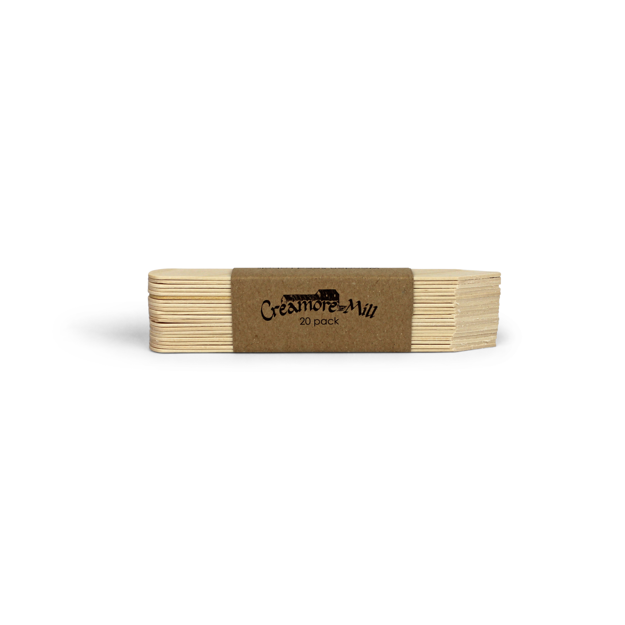 A packet of 20 wooden seed labels made by Creamore Mill, with paper packaging.