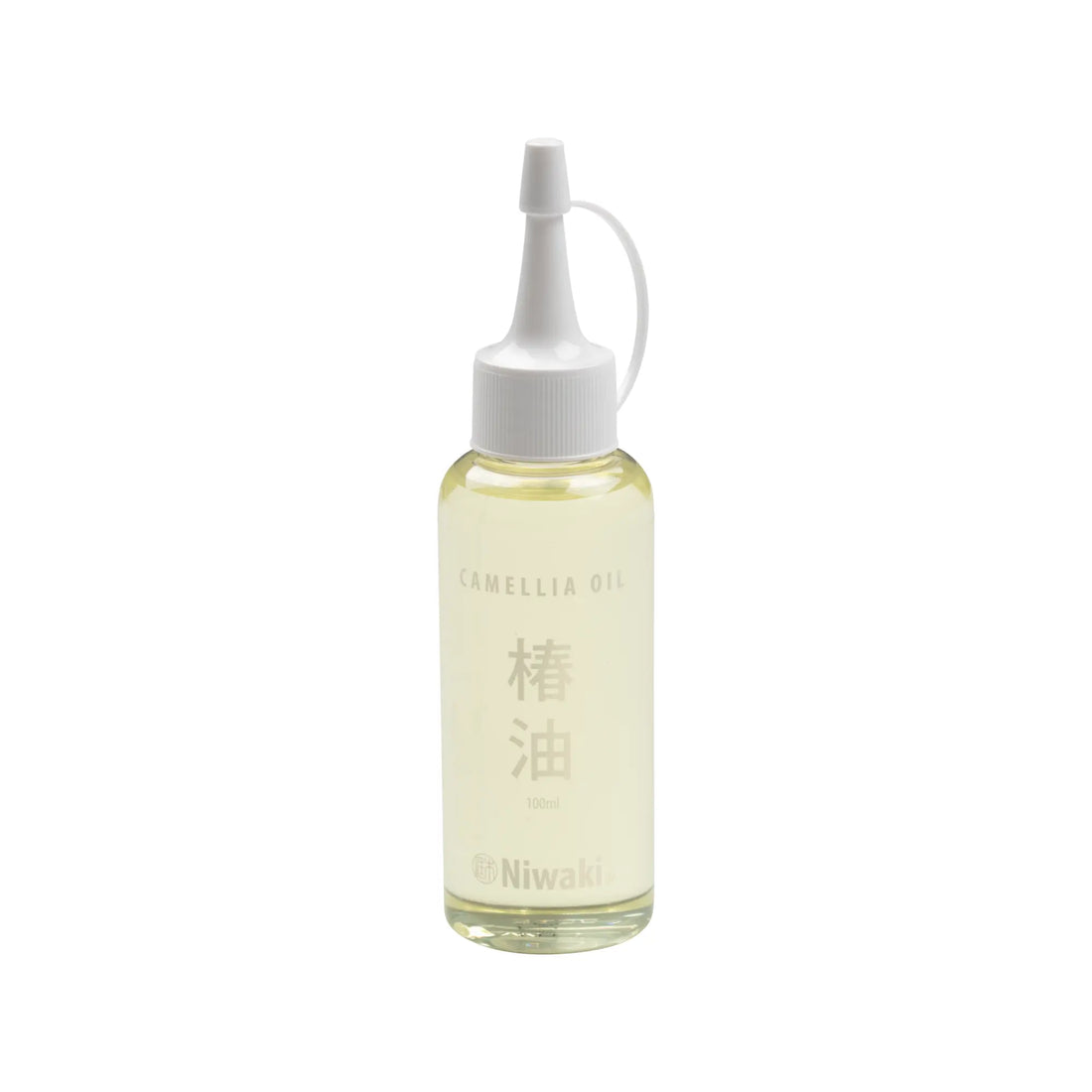 Bottle of Niwaki Camellia Oil for garden tool maintenance on a white background