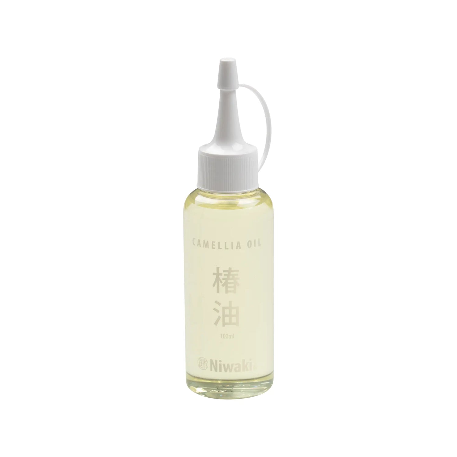 Bottle of Niwaki Camellia Oil for garden tool maintenance on a white background