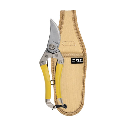 Secateurs with yellow handles and a canvas sheath on a white background