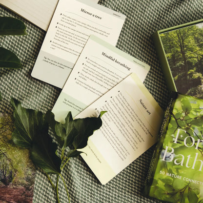 Three Forest Bathing Guided Prompt Cards on Fabric Background - Wilding &amp; Wonder