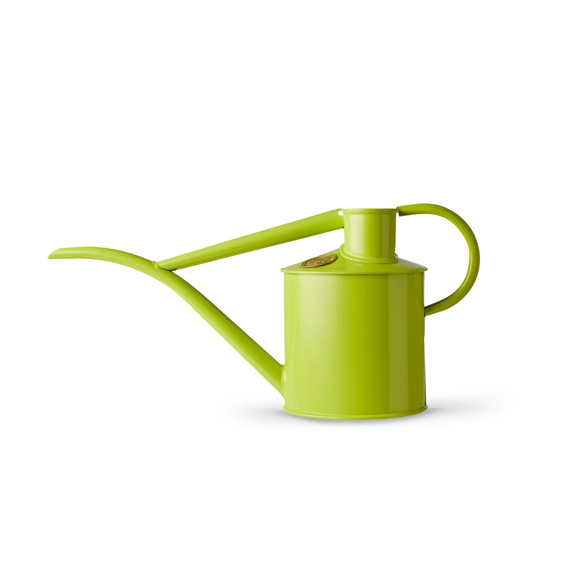 A Haws Fazeley Flow metal Watering Can with a long spout, handle, and apple green color, against a white background.