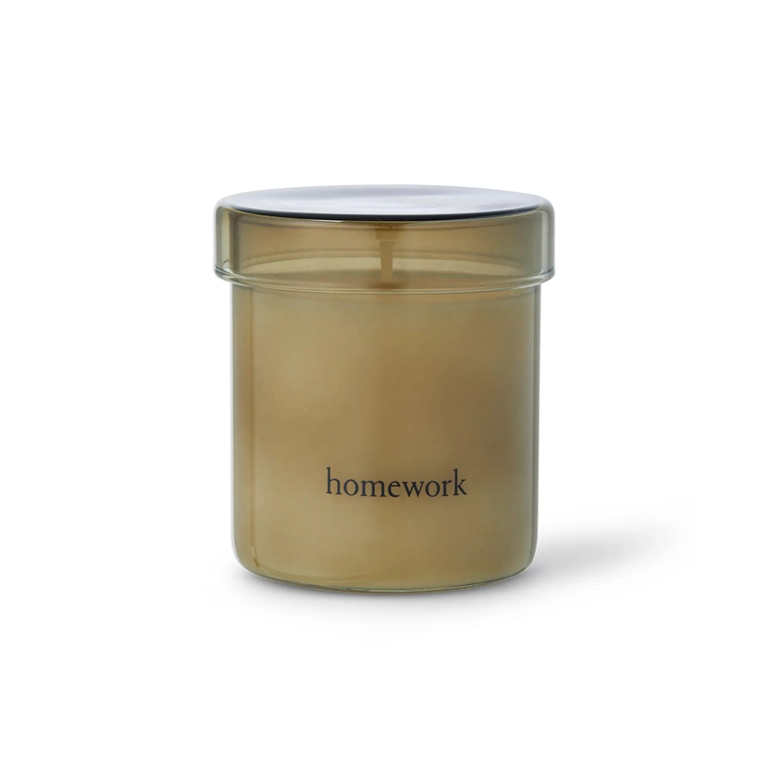 Smokey glass jar containing Homework Candle with &