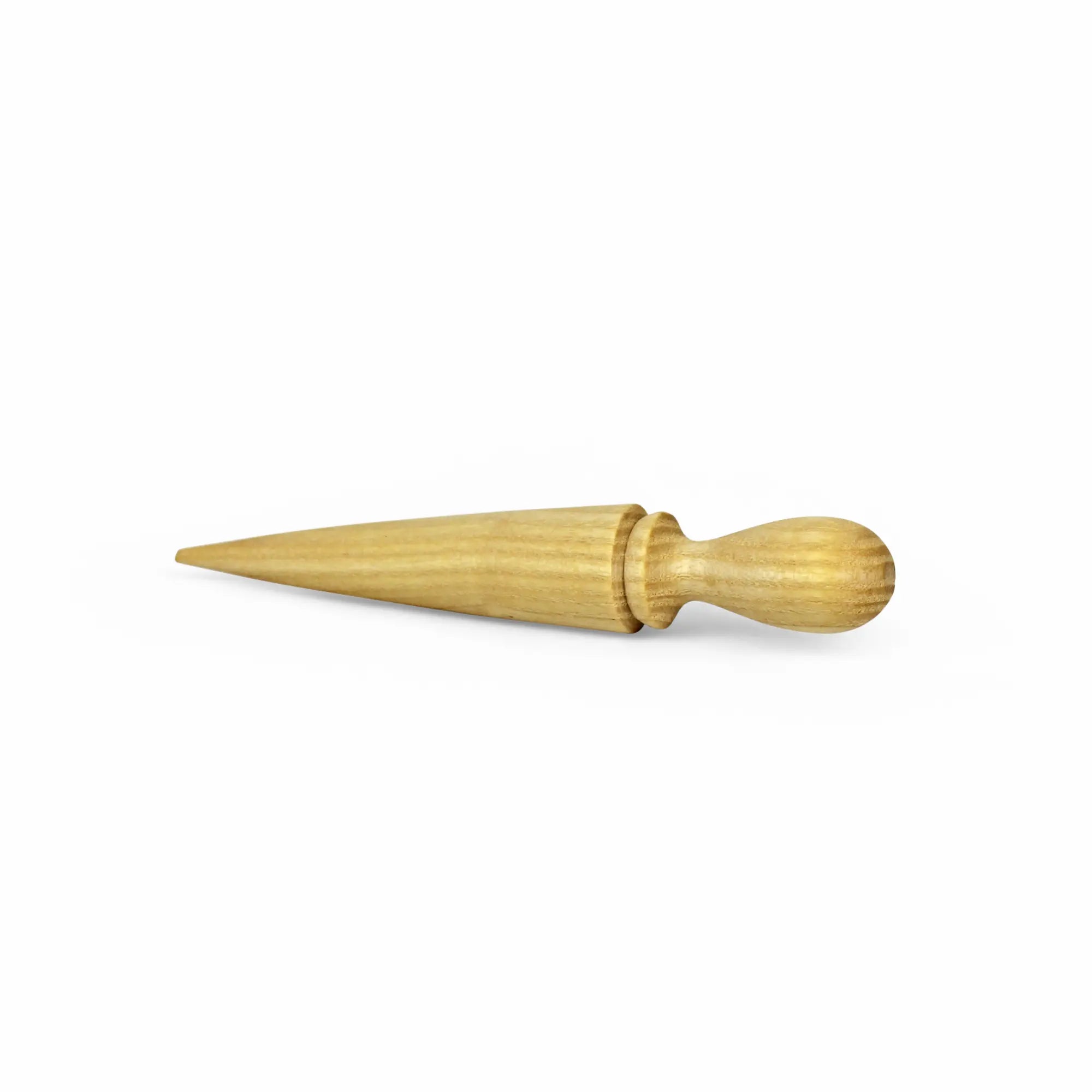 A wooden mini seed dibber tool with a tapered pointed end for planting seeds.