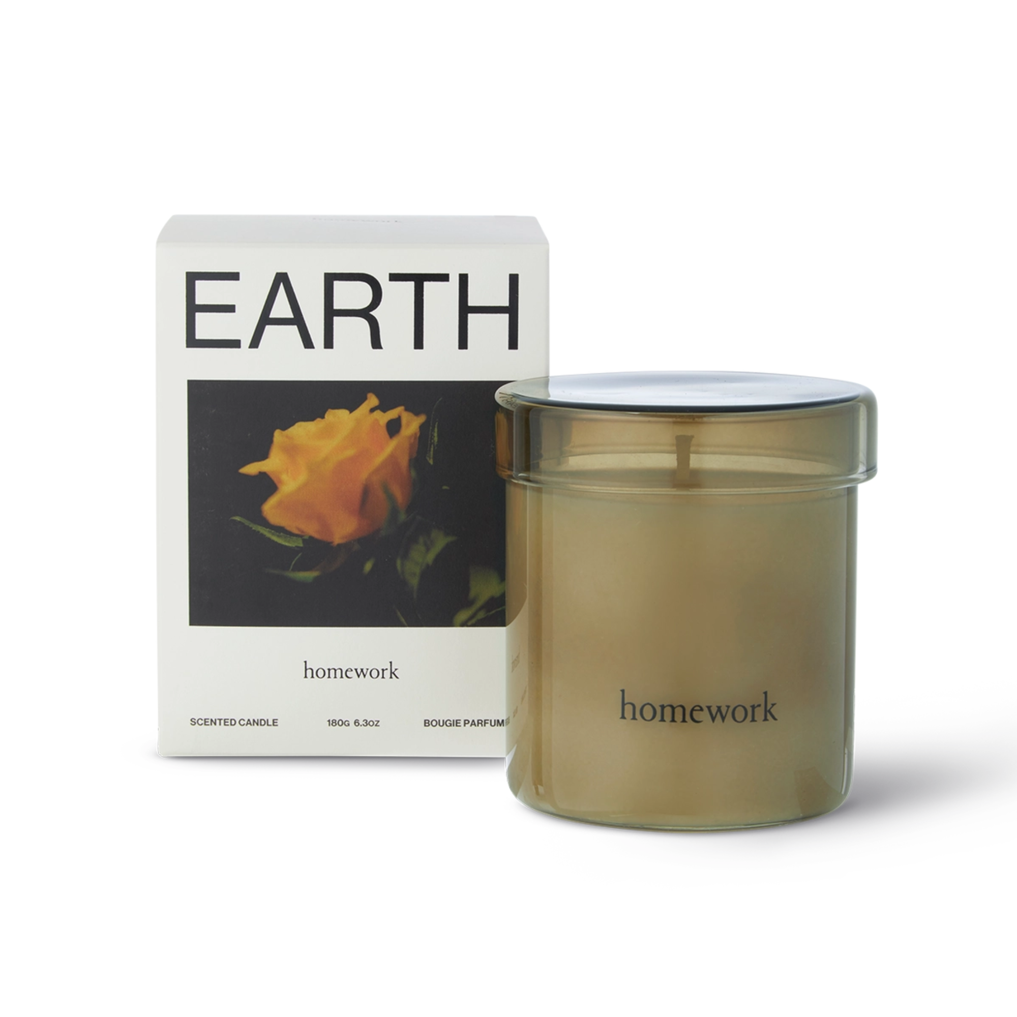 Natural candle made by Homework, with candle box labelled &