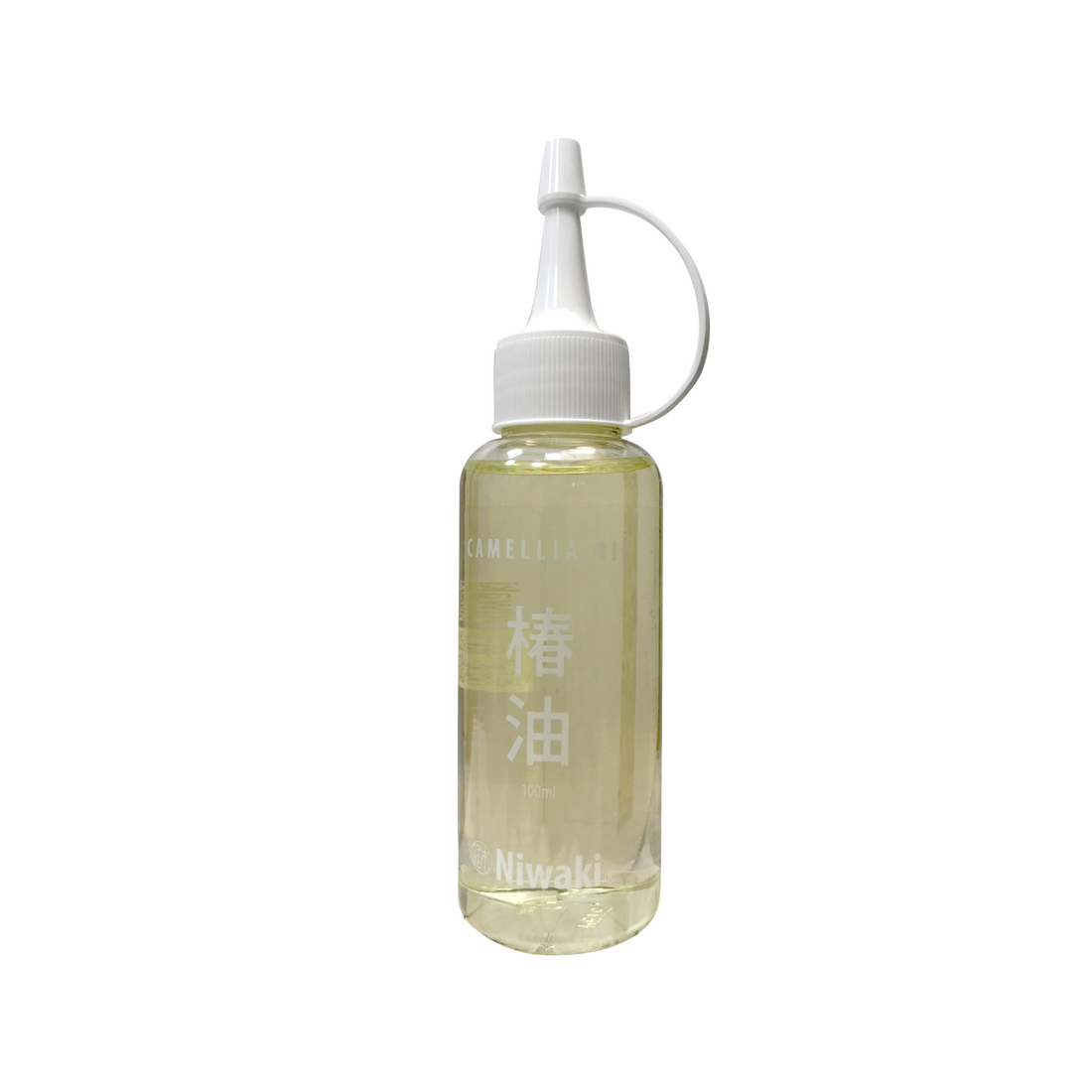 A bottle of Niwaki Camellia oil with a white cap, labeled in Japanese, against a white background.