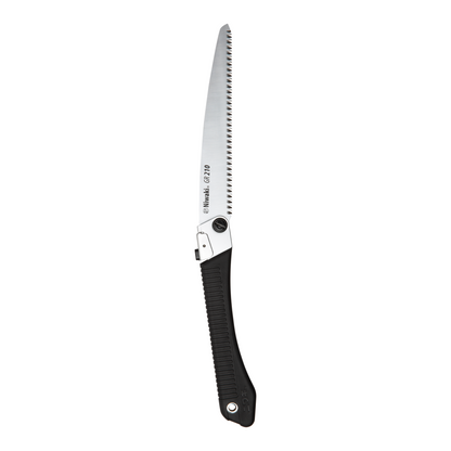 A silver folding pruning saw with a black rubber handle on a white background.