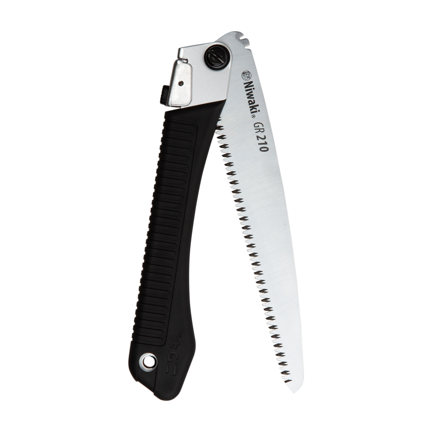 A folded silver pruning saw with a black rubber handle on a white background.