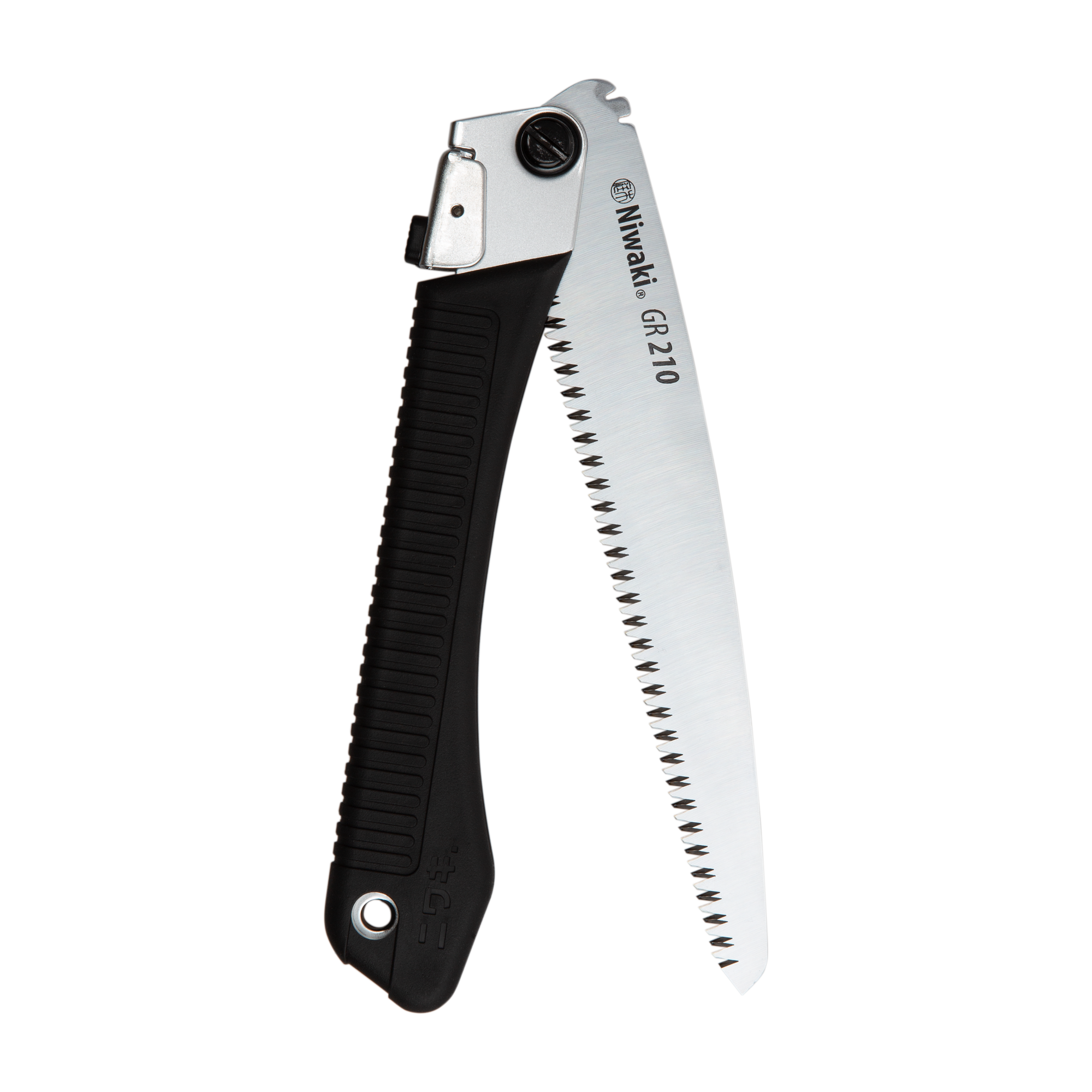 A folded silver pruning saw with a black rubber handle on a white background.