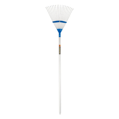 Garden rake with aluminium handle on a white background