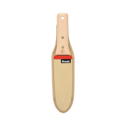 A wooden-handled Niwaki Hori Hori Pro in a beige canvas sheath with a red stripe and a black Niwaki brand label, shown against a plain white background.