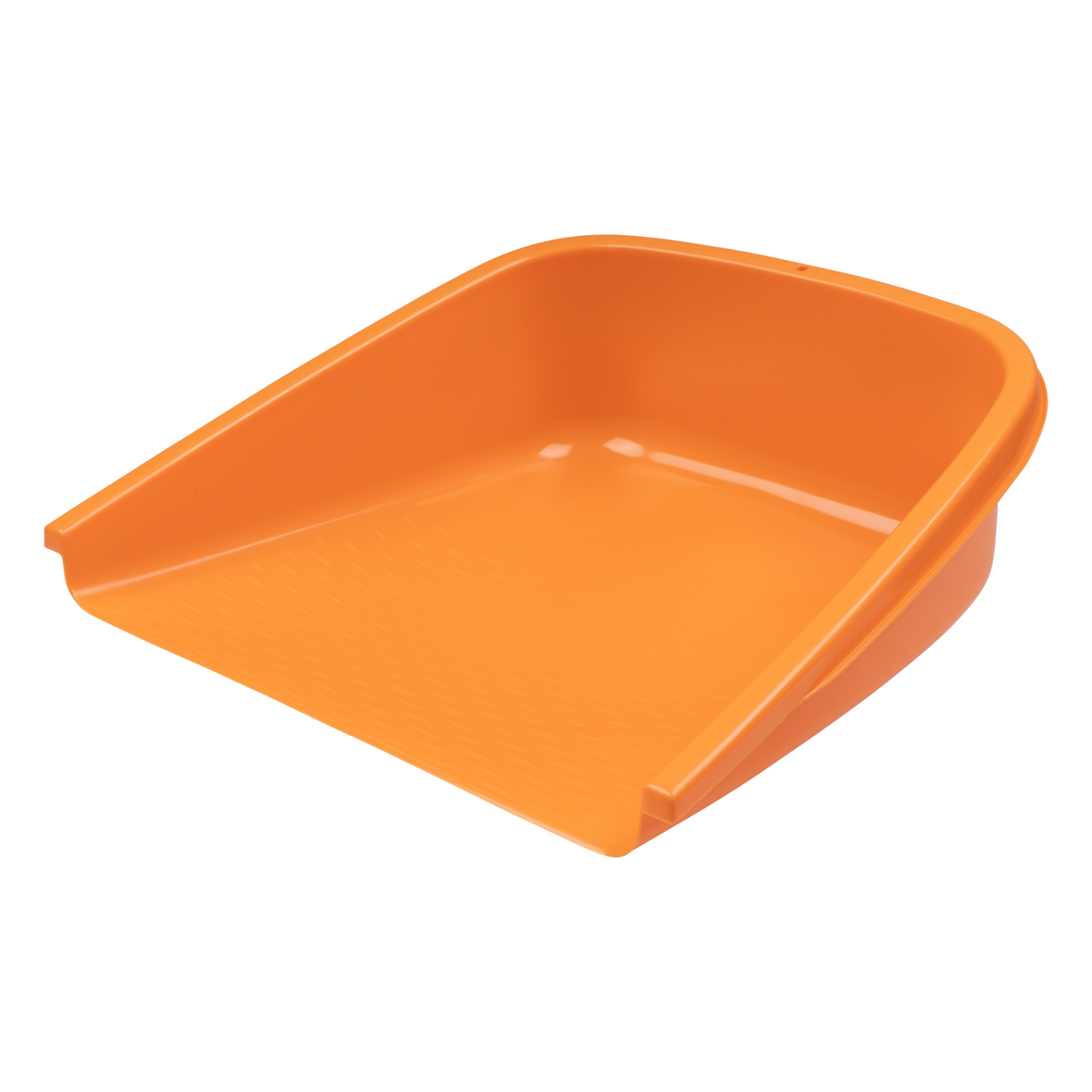 An orange plastic leafpan with a wide scoop, shown from an elevated angle on a plain white background.