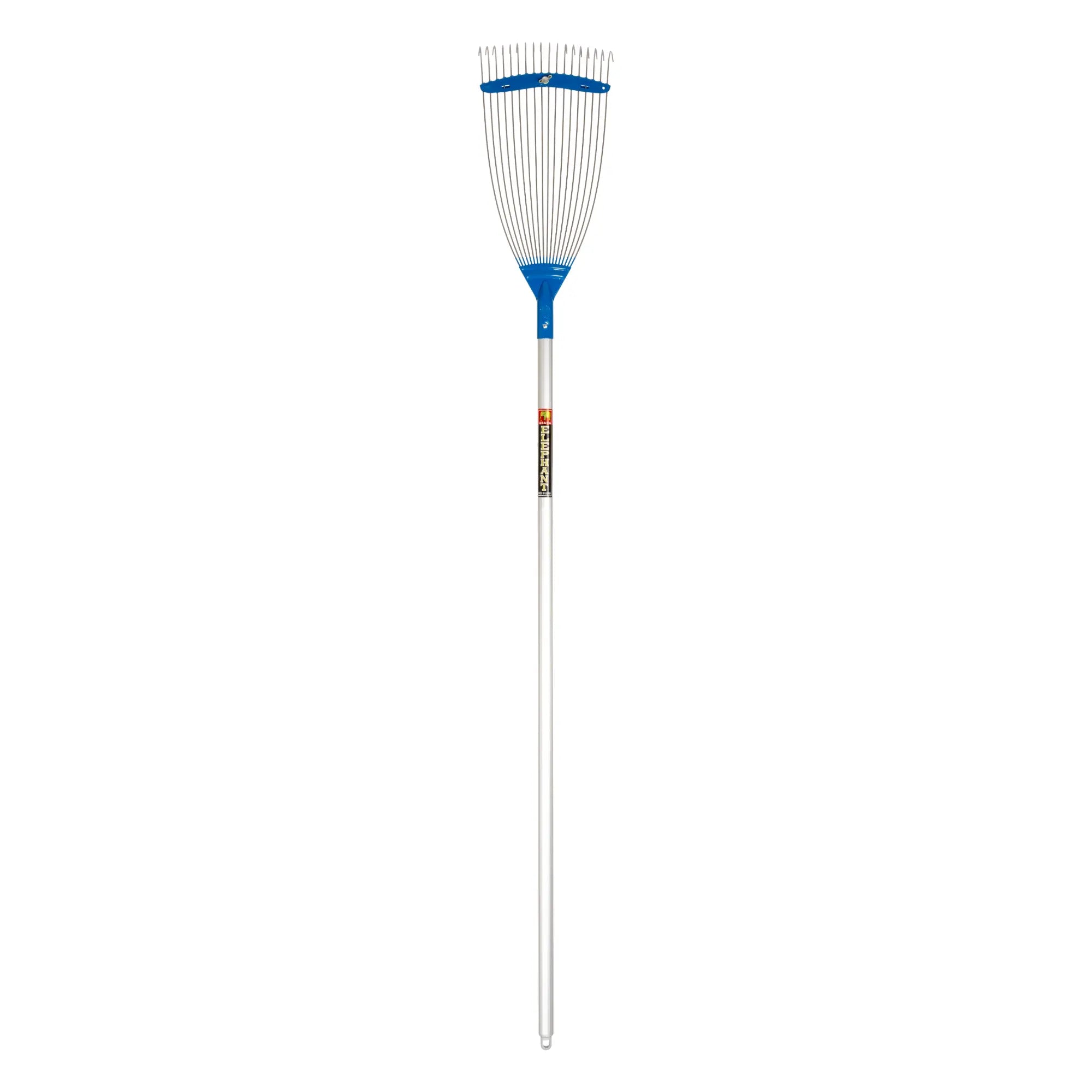 A Niwaki Garden rake with a blue head, closed adjustable tines and a silver aluminium handle.
