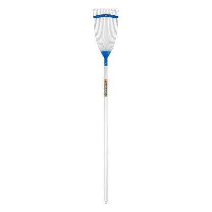 A Niwaki Garden rake with a blue head, closed adjustable tines and a silver aluminium handle.