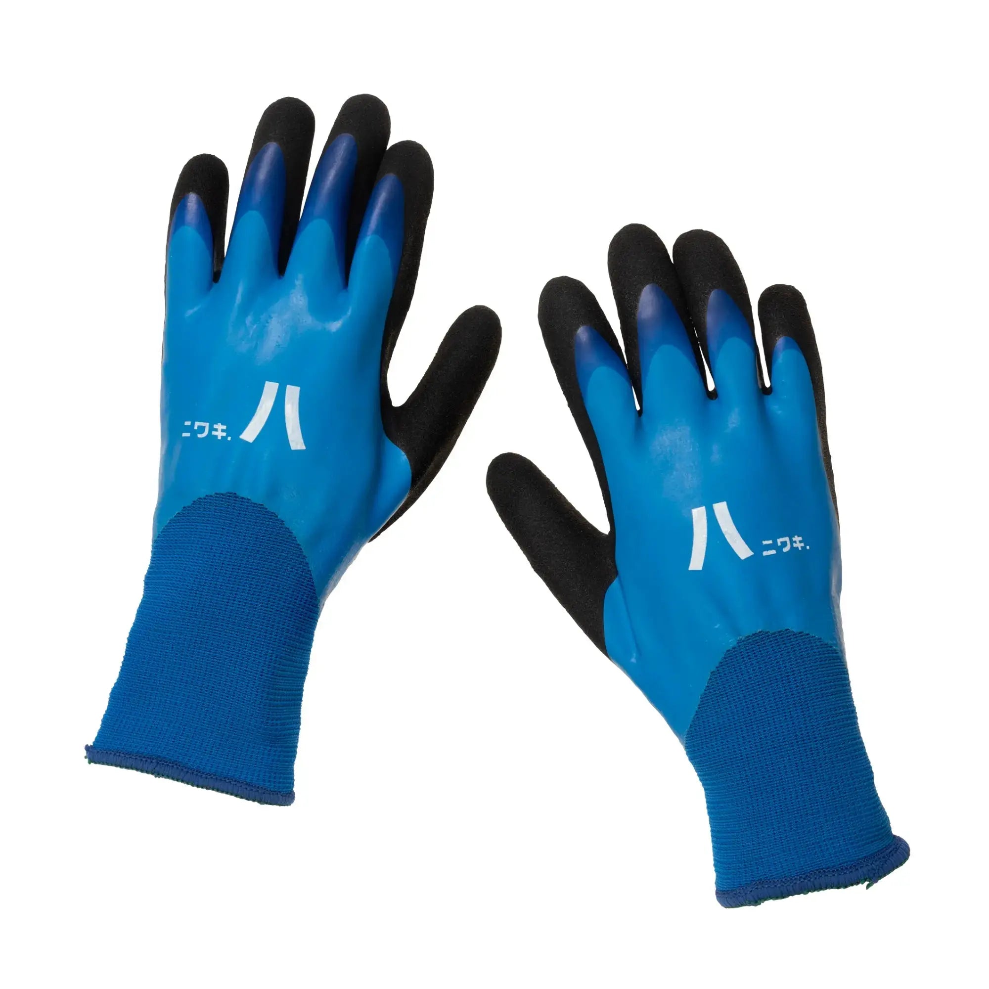 Blue Niwaki Winter Gardening Gloves in size medium with white Japanese symbols.