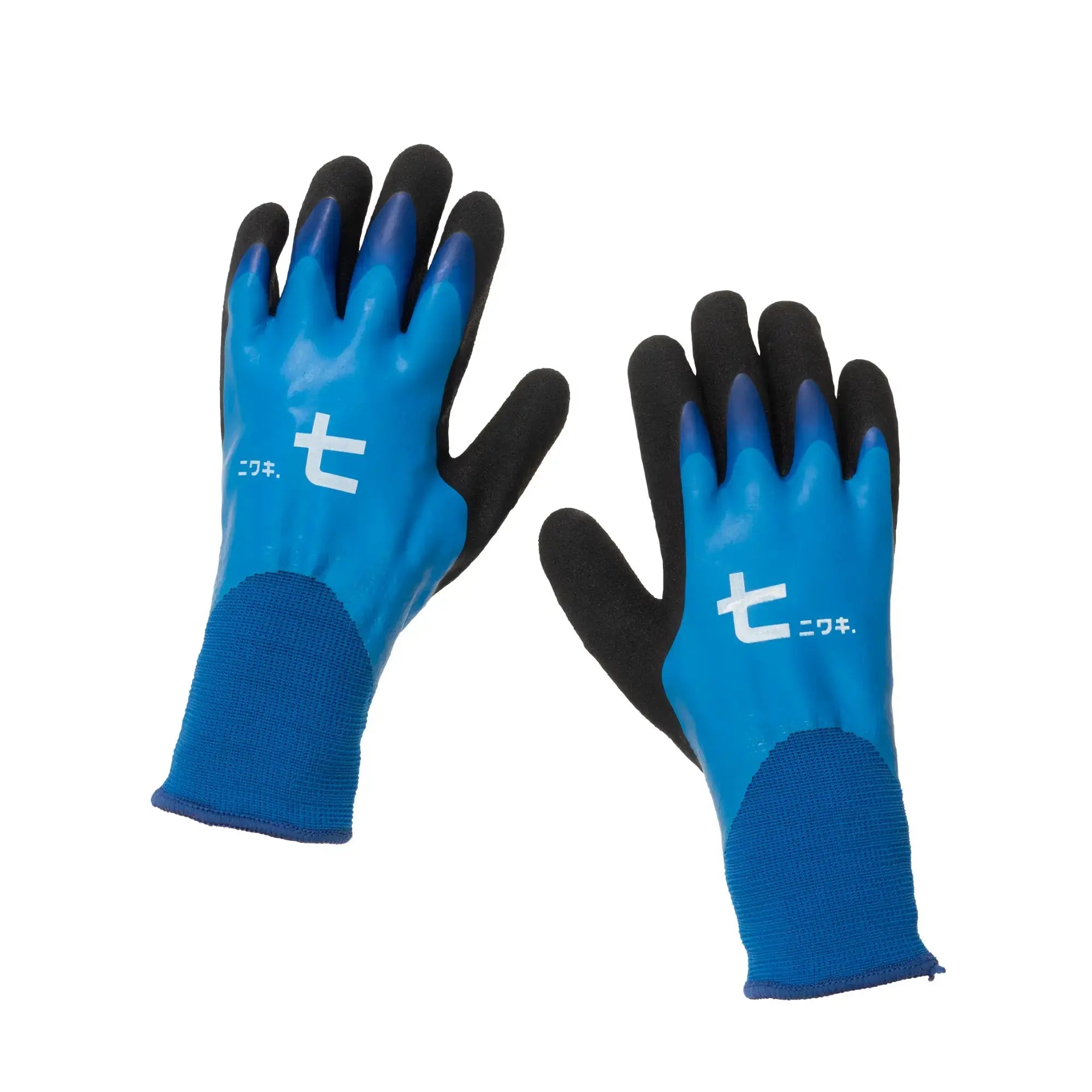 Blue Niwaki Winter Gardening Gloves in size small with white Japanese symbols.