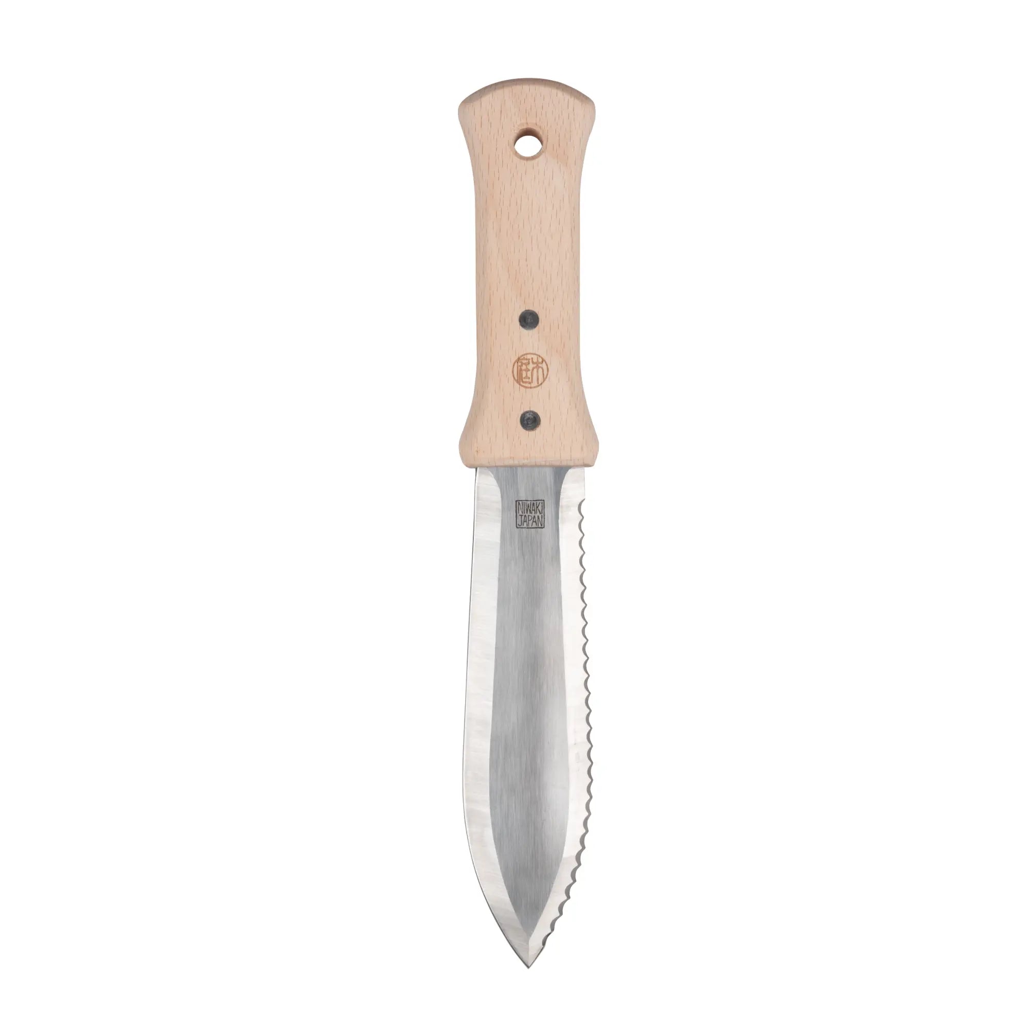 A Niwaki S-Type Hori Hori with a wooden handle and a serrated steel blade, isolated on a white background.