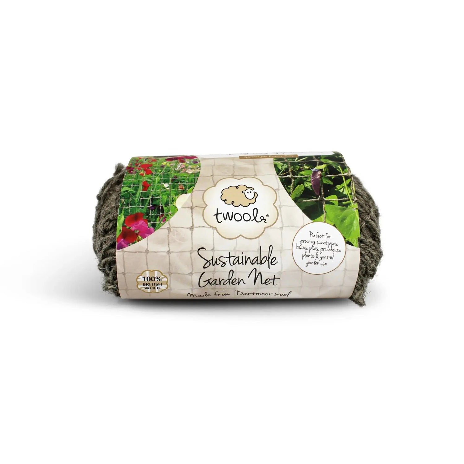 Sustainable plant support net for the garden, in grey, made from British wool and wrapped in paper Twool-branded packaging.