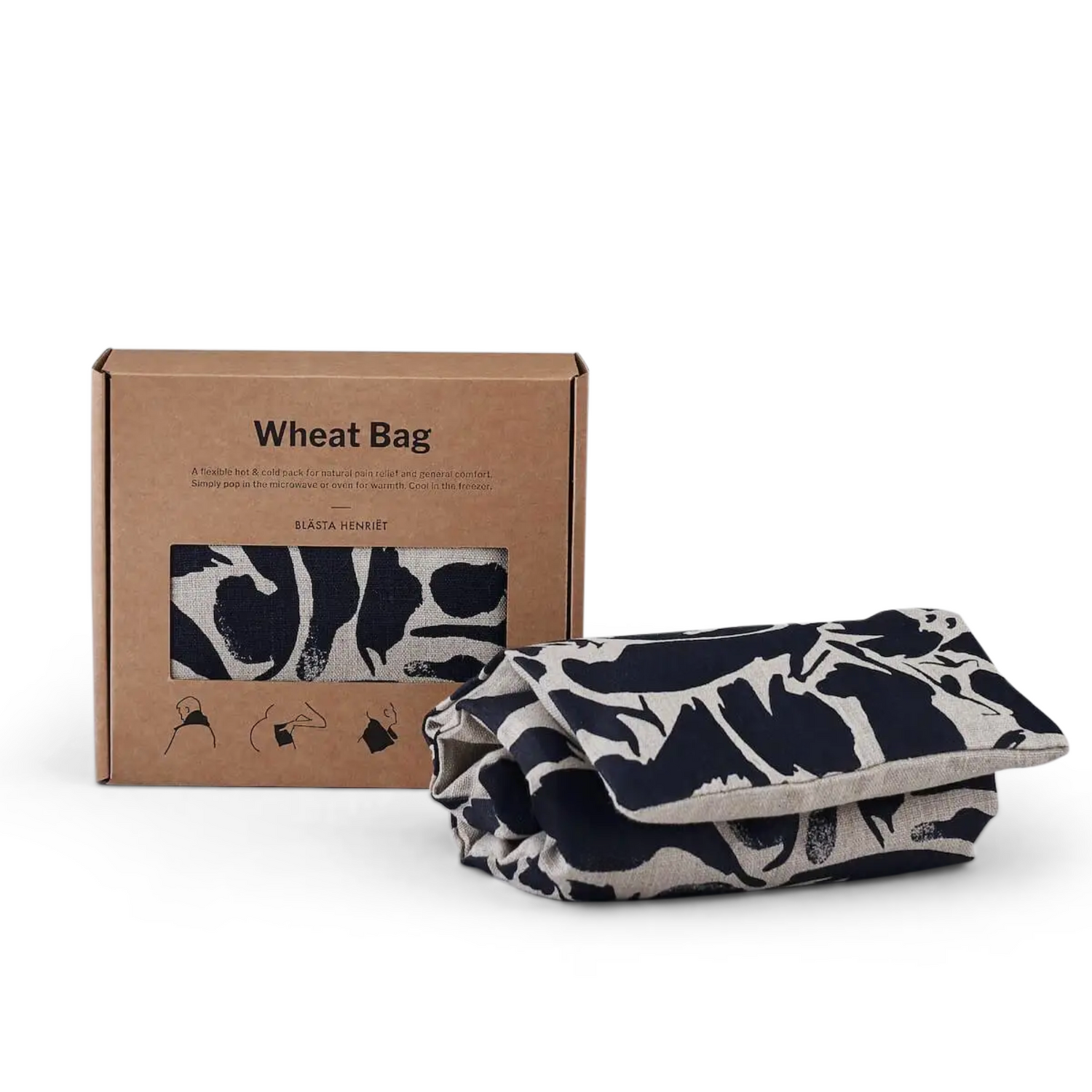 Navy patterned wheat bag with packaging box on a white background.